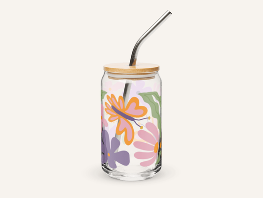Butterflies and Flowers 16oz Glass Can Cup